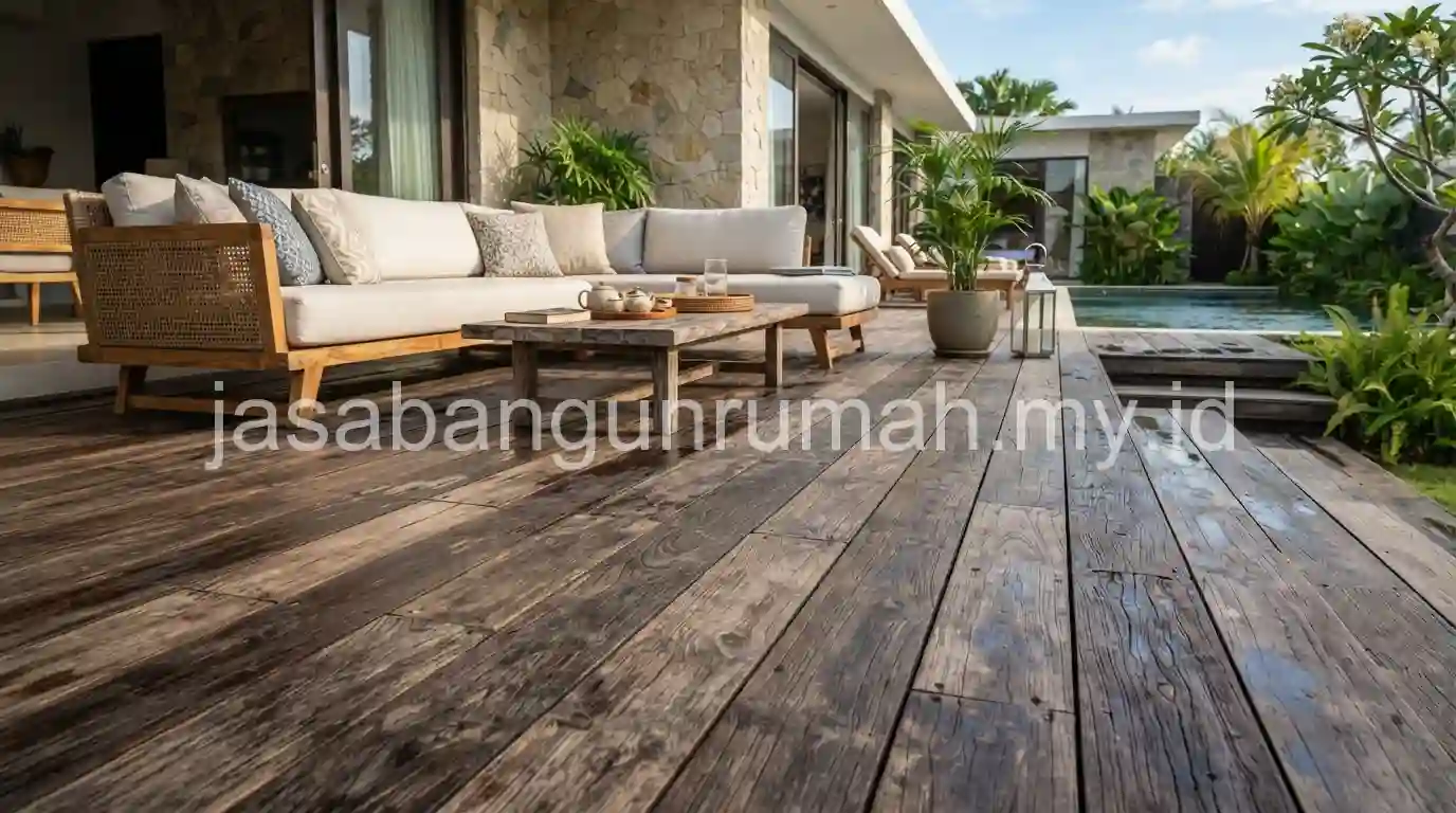Decking kayu ulin pada area outdoor villa mewah