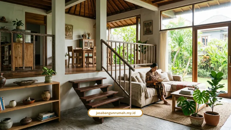 Ilustrasi desain rumah split level di lahan miring