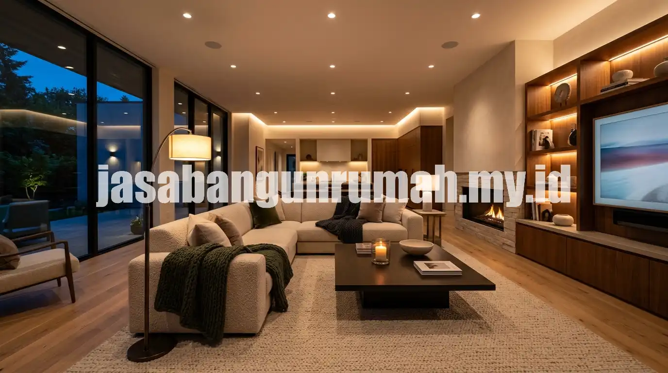 Pencahayaan ambient hangat pada ruang keluarga modern