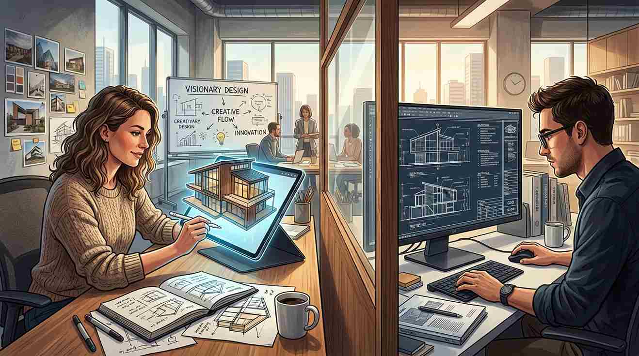 Ilustrasi perbandingan peran arsitek dan drafter dalam proyek rumah