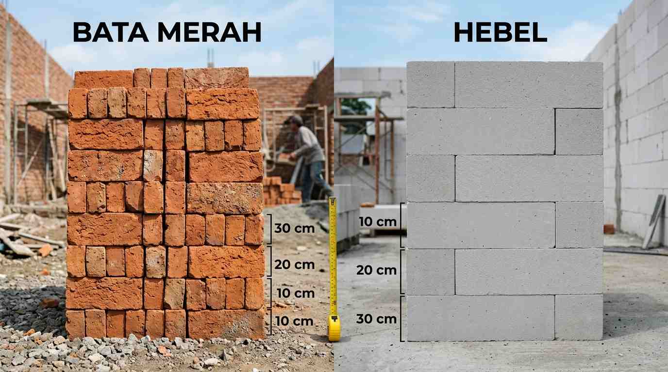 Perbandingan fisik bata merah dan bata hebel di lokasi proyek