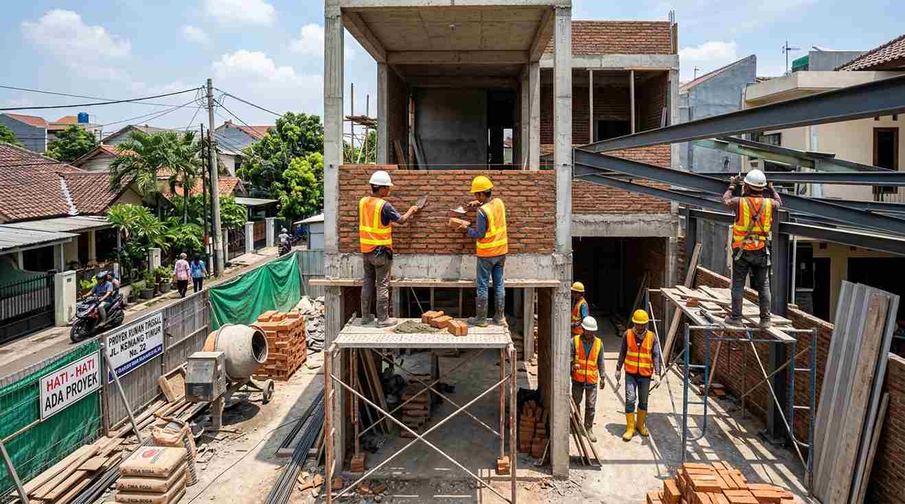 Progres pembangunan rumah oleh tim kontraktor di Jakarta