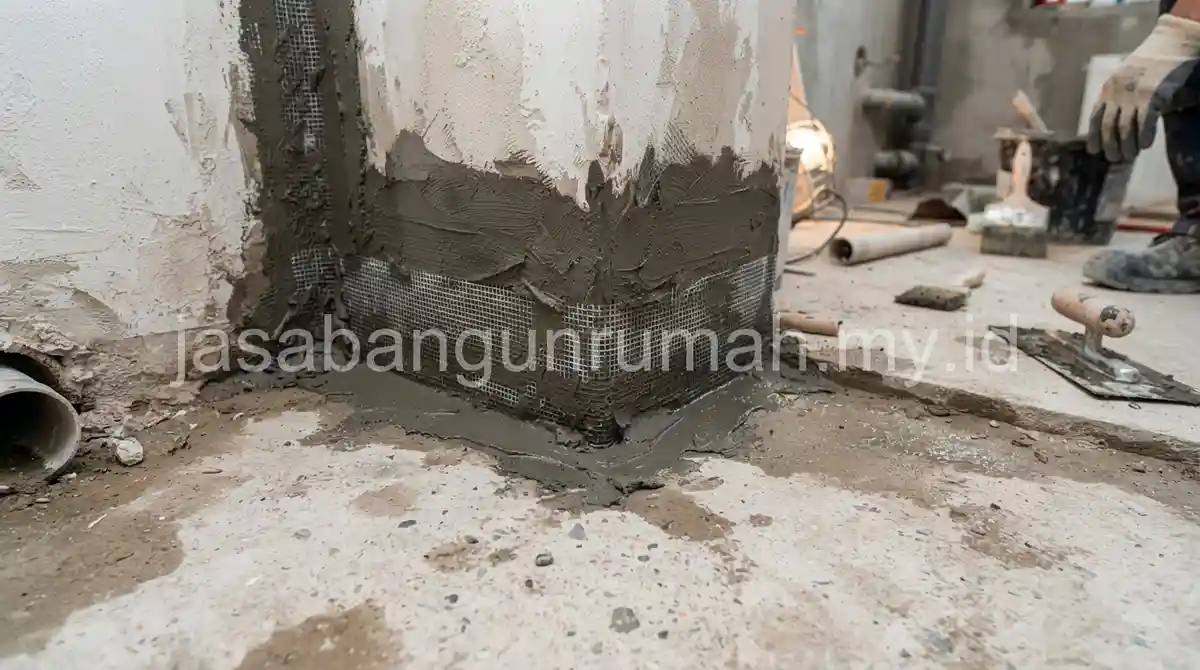 Area sambungan lantai dan dinding yang dilapisi waterproofing
