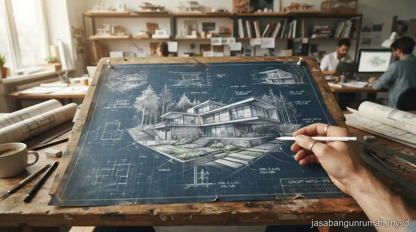 Sketsa konsep awal desain rumah oleh arsitek