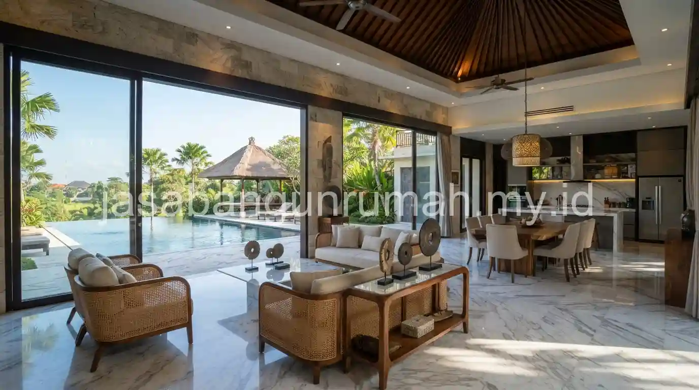Interior villa mewah dengan lantai marmer di Denpasar Bali