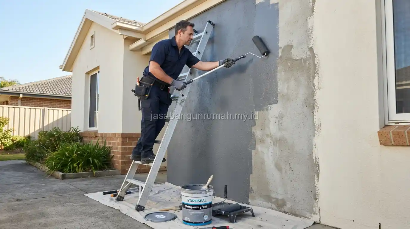 Proses aplikasi waterproofing pada dinding luar rumah
